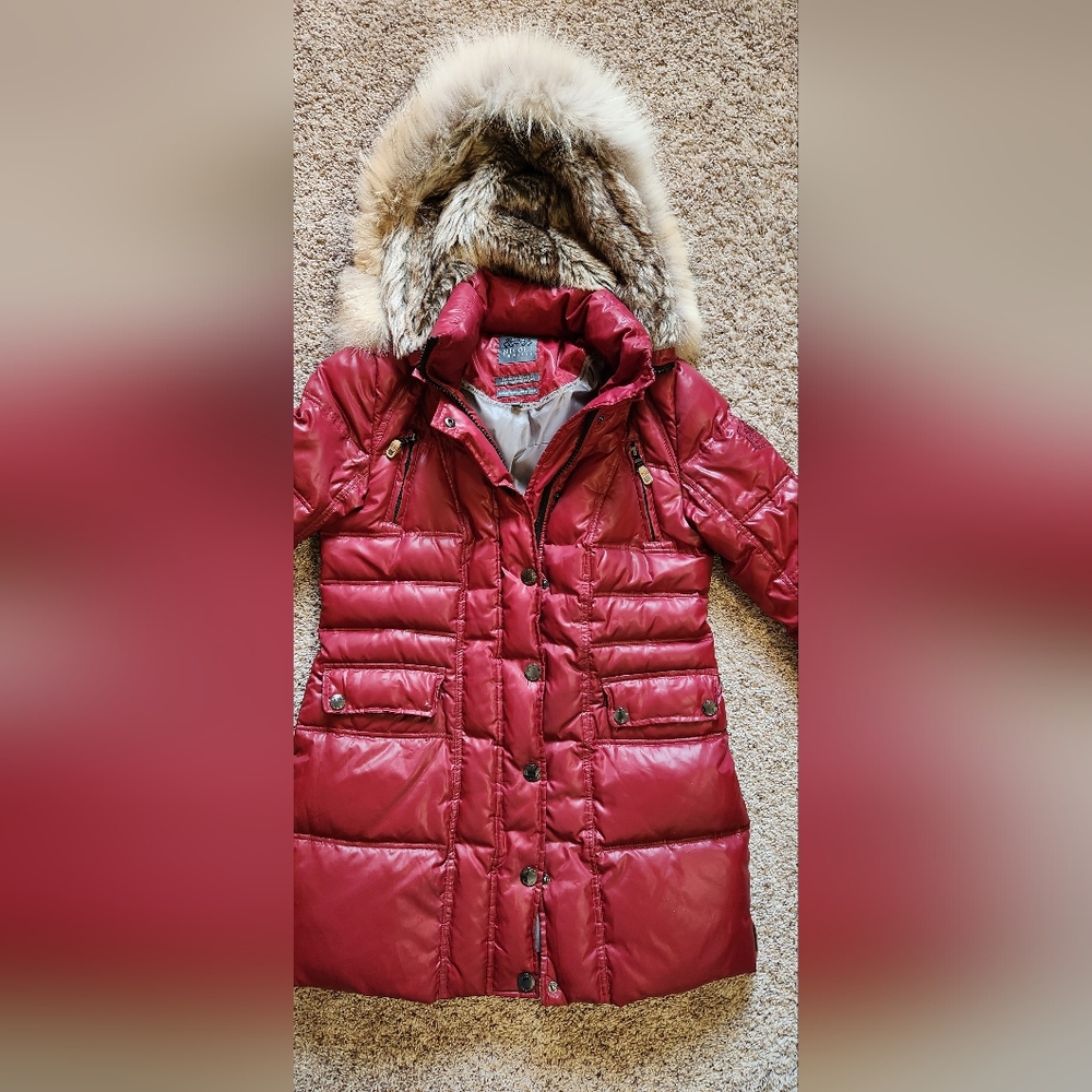 Women's Red Puffer Coat with Faux Fur Hood